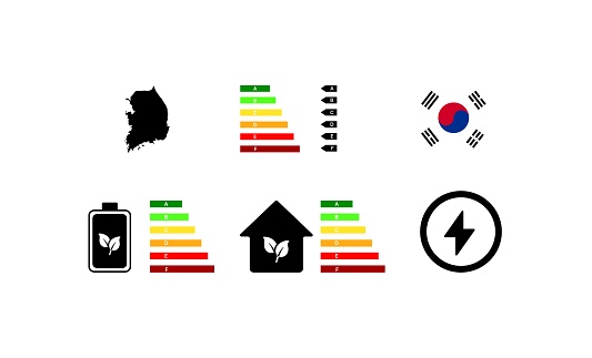 Letter rating icon. National flag of Republic of Korea. Battery, house and lightning icon. Flat style