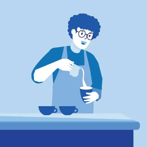 Vector illustration of illustration of barista guy pours coffee into cup for two customers at work