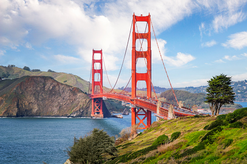 The world famous Golden Gate bridge during sunrise in San Francisco, California, USA