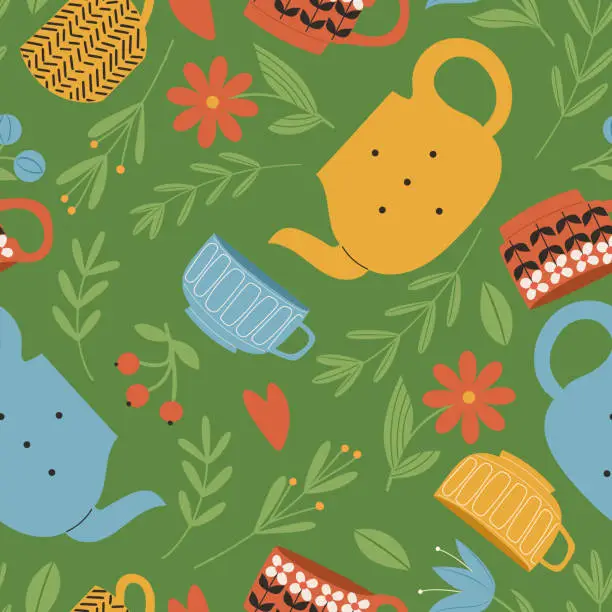 Vector illustration of Cute and cozy green seamless pattern with  tea cups and teapots,