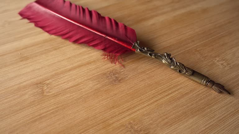 Feather Pen on Wood Background Rotates