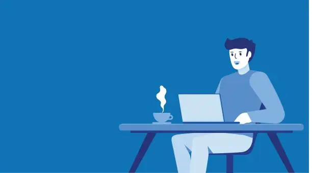Vector illustration of Remote Freelance Work Concept. Man Freelancer Sitting in Comfortable Armchair Working Distant on Laptop with Coffee