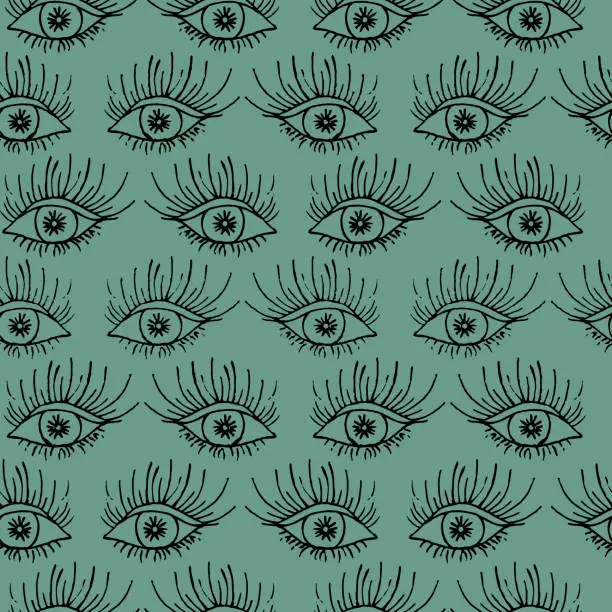 Vector illustration of Gaze. Eyes with eyelashes, iris, pupil. Sketch. Seamless pattern. Doodle style. Green background.