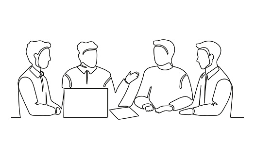 Business meeting of group office people, work on laptop, continuous one line drawing. Teamwork, learning or business talking, partnership in work. Simple single minimalism outline style. Vector illustration