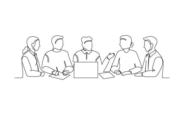 Bекторная иллюстрация Business meeting of group office people, work on laptop, continuous one line drawing. Teamwork, learning or business talking, partnership in work. Simple single minimalism outline style. Vector