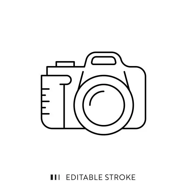 Vector illustration of DSLR Camera Line Icon Design with Editable Stroke. Suitable for Infographics, Web Pages, Mobile Apps, UI, UX, and GUI design.