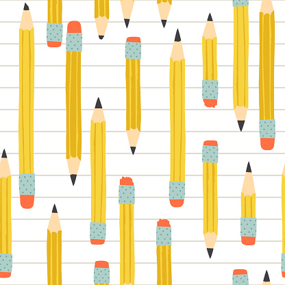 Cute Back to School seamless pattern. Yellow graphite pencils on a ruled notebook background. Vector hand-drawn isolated illustration for textile, fabric, wrapping paper and other print and design.