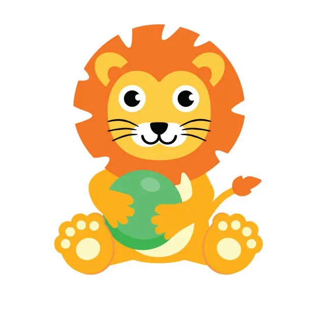 Vector illustration of Lion cartoon. Lion, vector illustration, clip art. Baby safari animal. Sitting lion playing with ball.