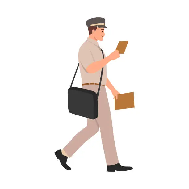 Vector illustration of Cheerful postman with parcels and letter walking side view while reading the address on the letter.