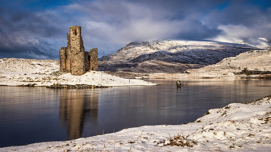 Ardvreck Castle on  snowy day in the far north of the Scottish Highlands