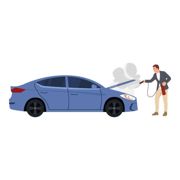 ilustraciones, imágenes clip art, dibujos animados e iconos de stock de un conductor con un extintor de incendios tratando de apagar el fuego en el motor de un automóvil. - business person hood car backgrounds