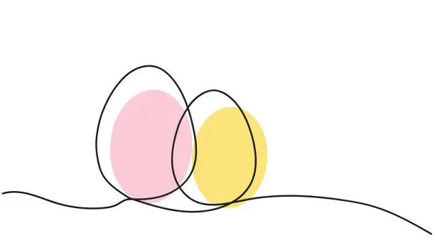 Vector illustration of Two colorful eggs one line art on white background. Easter Eggs. Continuous one line drawing. Hand drawn black and white illustration. Minimalistic style. Design elements for print, greeting, postcard