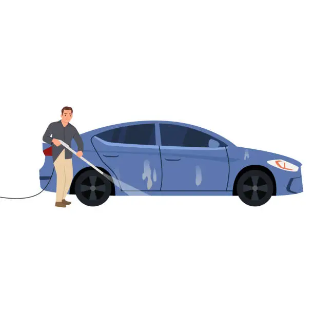 Vector illustration of Man Washing his Car with water Gun for car wash.
