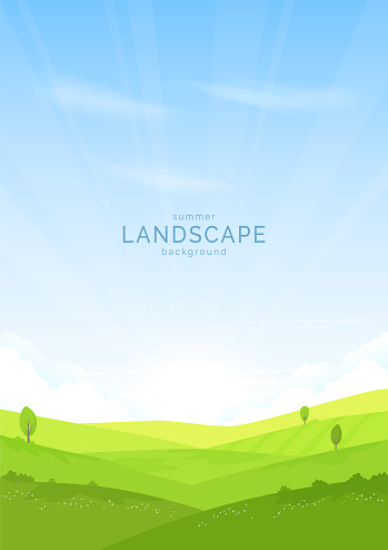 Summer landscape background. Hills, meadows and fields are covered with green grass, trees and bushes. Blue sky and clouds. Design for poster, background, cover, flyer. Vector illustration.