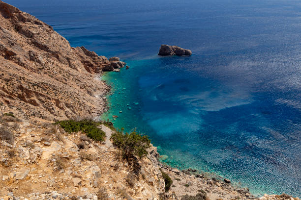 View from above over turquoise, blue waters, the cliff and rocky beach of the aegean sea at the island of Amorgos, Cyclades, Greece