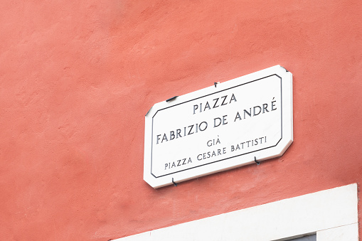 Carrara, Italy - February 20, 2024 - The plaque in the square dedicated to the Italian singer-songwriter Fabrizio De Andrè