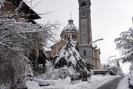 The Zurich Enge church captured on a winter day after heavy snowing.