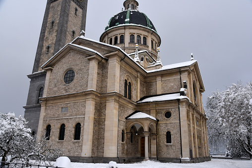 The Zurich Enge church captured on a winter day after heavy snowing.