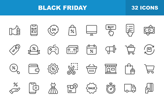 Black Friday and Shopping Line Icons. Editable Stroke. Contains such icons as E-Commerce, Shopping, Store, Sale, Credit Card, Deal, Free Delivery, Discount.