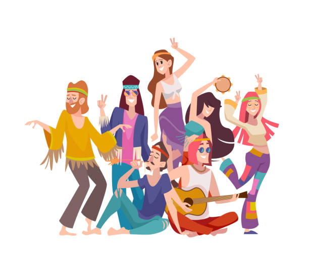 Freedom persons woodstock characters relaxation dancing. Vector of freedom hippie, lifestyle love and happy, culture or subculture, cartoon illustration music peace