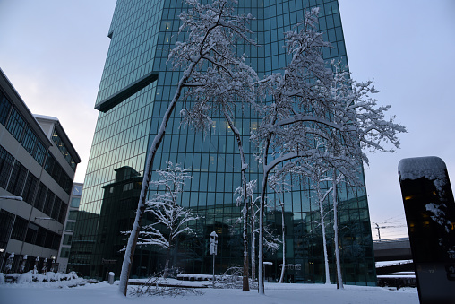 Prime Tower, Office building in Zurich with a hight of 126 meters one of the tallest building in Switzerland. The image was captured winter season after heavy snowfall.