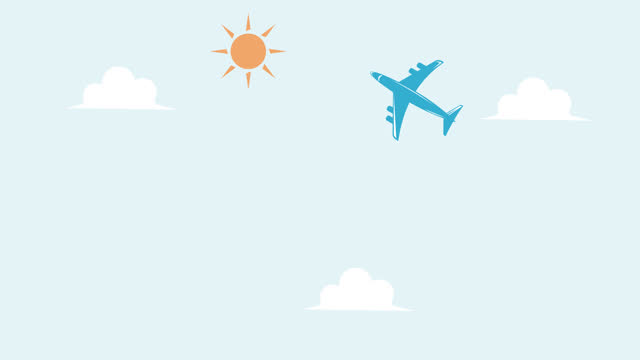 airplane fly at sky around cloud and sun animation video , minimalist flight transportation motion graphic video template