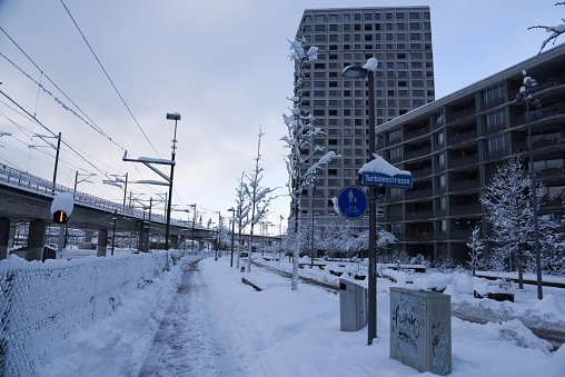 Zurich City with some modern residential buildings captured during winter season after heavy snowfall.