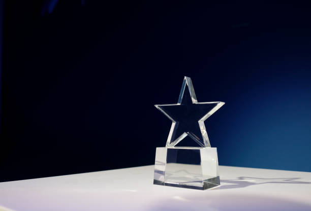 istock Star-shaped award made of glass on a white table 2024989055