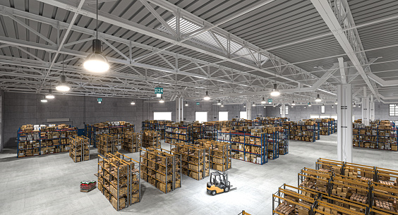 large warehouse with many shelves and goods to be shipped. factory concept and shipping.3d render