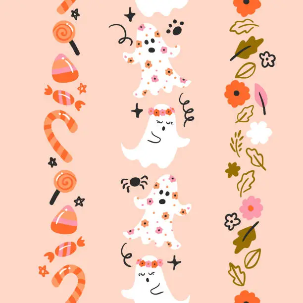 Vector illustration of Cute Halloween Items Vector Seamless Vertical Borders Set