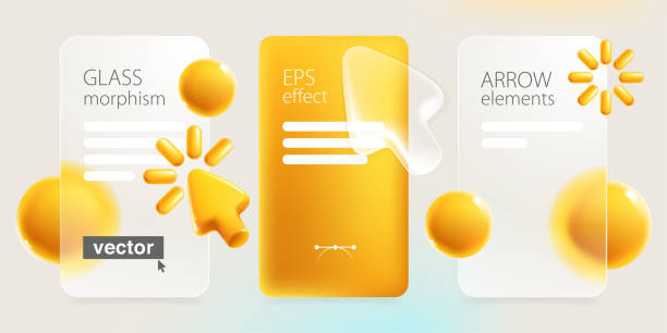 Transparent presentation screen in Glassmorphism style with realistic 3D cursor, loading icon and spheres. Mate glass arrow with blur effect. UI set with glass overlay effect. Vector cartoon art. stereoscopic image stock illustrations