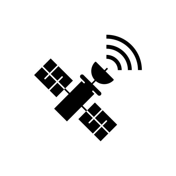 satellitenverbindung solides icon-design auf weißem hintergrund. dieses schwarze flache symbol eignet sich für infografiken, webseiten, mobile apps, ui-, ux- und gui-designs. - satellit stock-grafiken, -clipart, -cartoons und -symbole
