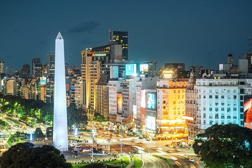 Night view of Buenos Aires cityscape featuring the Obelisk and vibrant street lights.