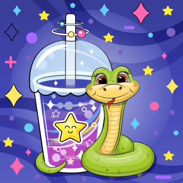 Vector illustration of A cute cartoon green snake is holding a big drink.