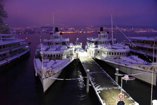 Lake Zurich with some vessels at the depot. The image was captured during winte rat dusk.