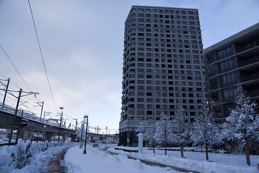 Zurich City with some modern residential buildings captured during winter season after heavy snowfall.