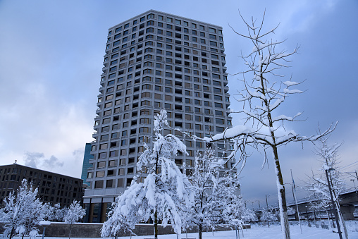 Zurich City with some modern residential buildings captured during winter season after heavy snowfall.