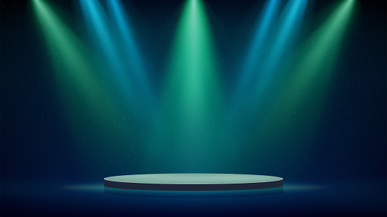 Stage, blue green spotlights, podium. Background, backdrop for displaying products. Blue green stage spotlight on dark background. Beams of spotlights, glittering particles, a spot light. Vector