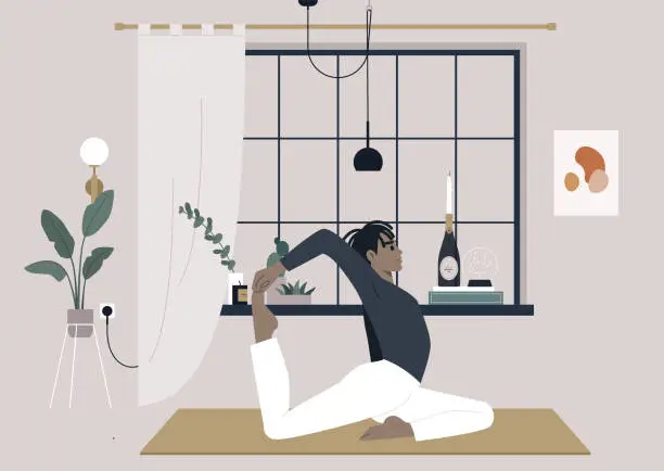 Vector illustration of Serene Morning Yoga Flow, A young character practices the King Pigeon pose in a tranquil, stylish interior at dawn