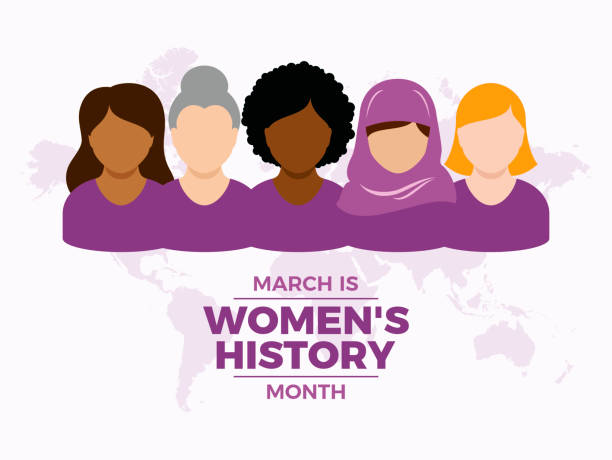 March is Women's History Month poster vector illustration Group of multi ethnic women symbol. Women avatar head icon set. Abstract multiracial female face vector. Template for background, banner, card. Important day womens history month stock illustrations