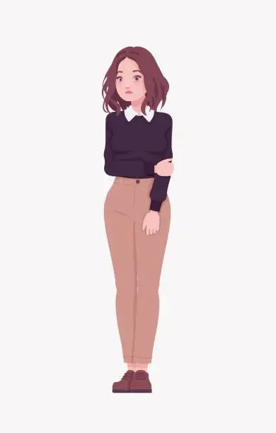 Vector illustration of Cartoon_25yo_Wine-Skin_Woman_Siena-Brown_Straight_Hair_Black_Sweater_and_Beige_Pants_Brown_Shoes_03