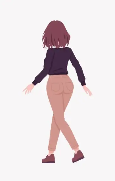 Vector illustration of Cartoon_25yo_Wine-Skin_Woman_Siena-Brown_Straight_Hair_Black_Sweater_and_Beige_Pants_Brown_Shoes_03