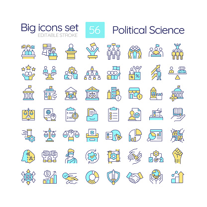 Political science RGB color icons set. Individual rights regulation. Constitution authority, legislation. Isolated vector illustrations. Simple filled line drawings collection. Editable stroke