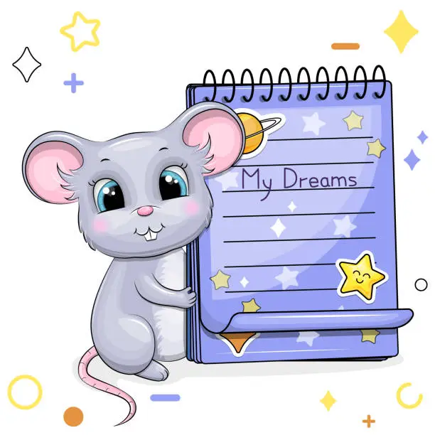 Vector illustration of A cute cartoon mouse and a blue notebook with stickers.