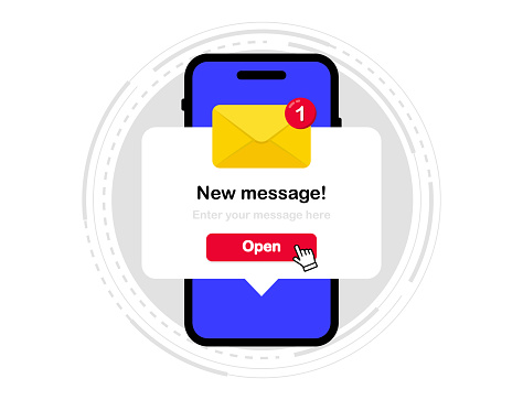New message notification on the smartphone screen. Unread email notification. Phone with unread email. New email notification arrived. Vector illustration