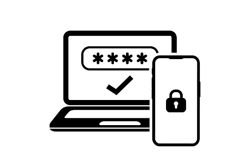 Two step authentication icon. Verification push code message on phone for secure login or sign in. Password authorization. 2FA verification password. Two factor verification with smartphone and laptop