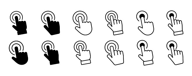 Touch screen icons. Touchscreen finger hand press or push vector icons. Set of hand touch screen. Click on the smartphone. Vector illustration