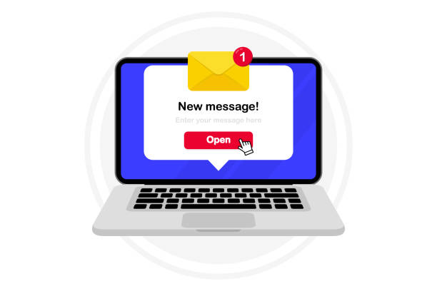illustrazioni stock, clip art, cartoni animati e icone di tendenza di notifica di un nuovo messaggio sullo schermo del computer. notifica e-mail non letta. busta con nuovo messaggio. laptop con e-mail non lette. è arrivata una nuova notifica via e-mail. illustrazione vettoriale - posta elettronica in arrivo