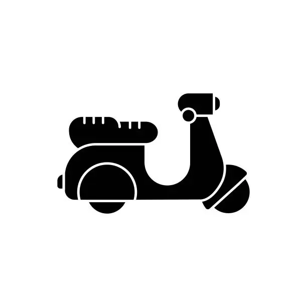 Vector illustration of Motor Scooter solid icon design on a white background. This black flat icon suits infographics, web pages, mobile apps, UI, UX, and GUI designs.