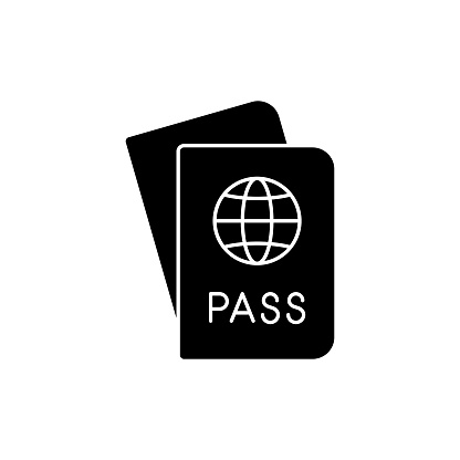 Passport solid icon design on a white background. This black flat icon suits infographics, web pages, mobile apps, UI, UX, and GUI designs.